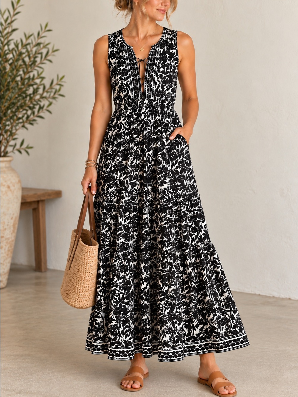 Max Studio Black & White Tiered Floral Maxi Dress